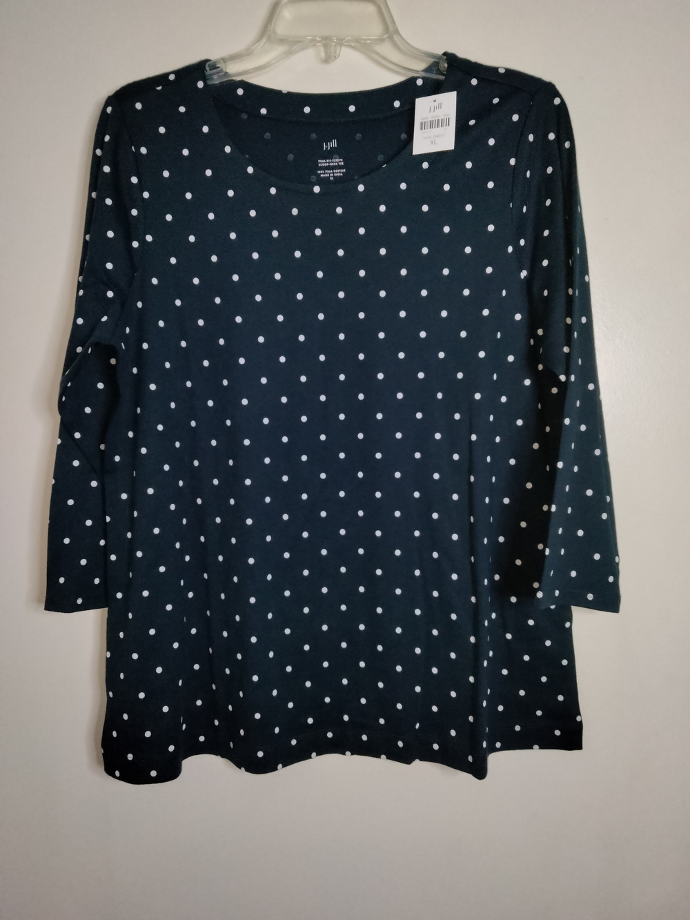 J. Jill (Size XL) Navy & White Polka Dot Pima Cotton 3/4 Sleeve Tee (New-NWT)